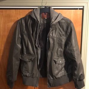 Gray leather jacket with hood